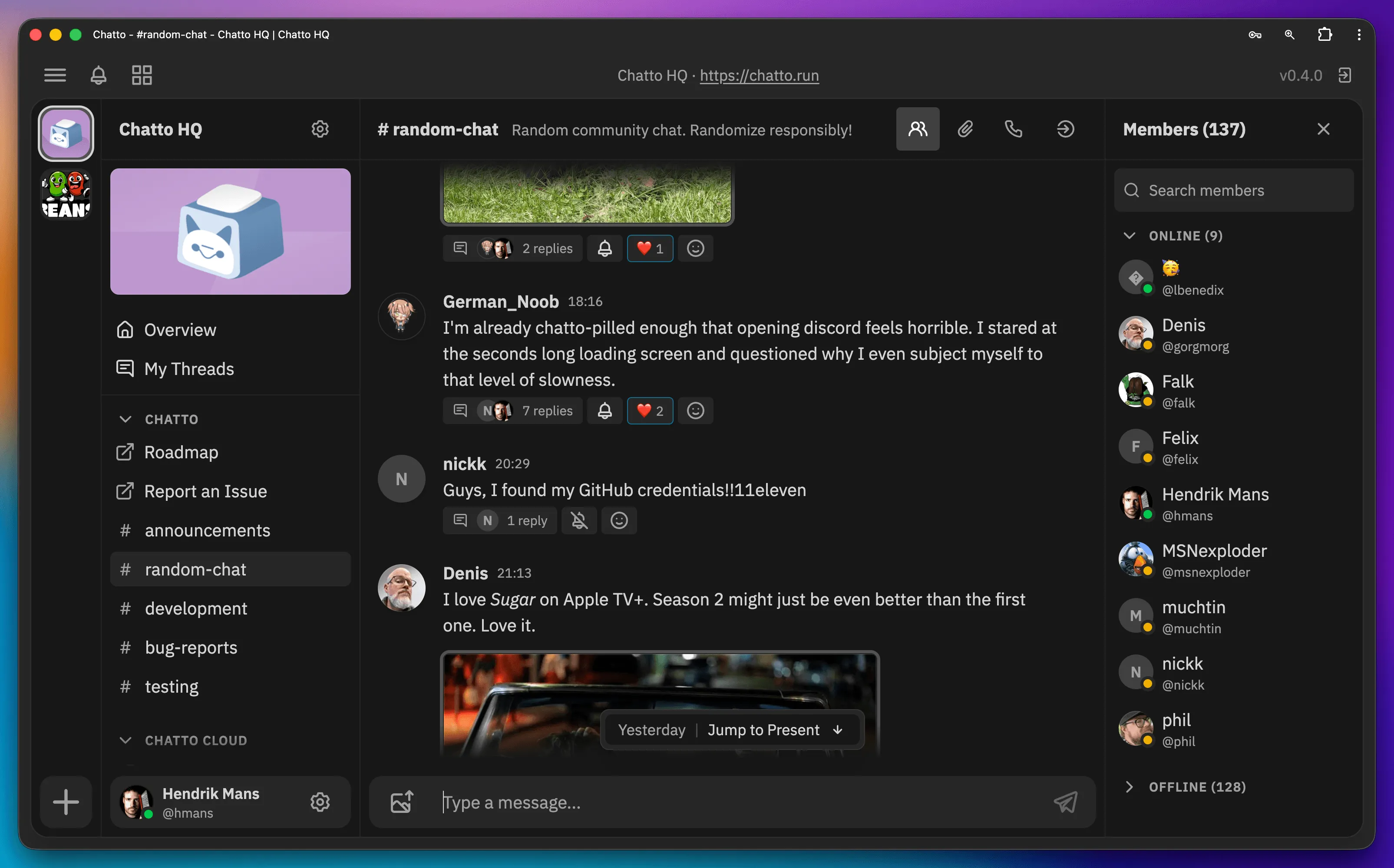 Chatto room view showing messages, reactions, room navigation, and the member list.