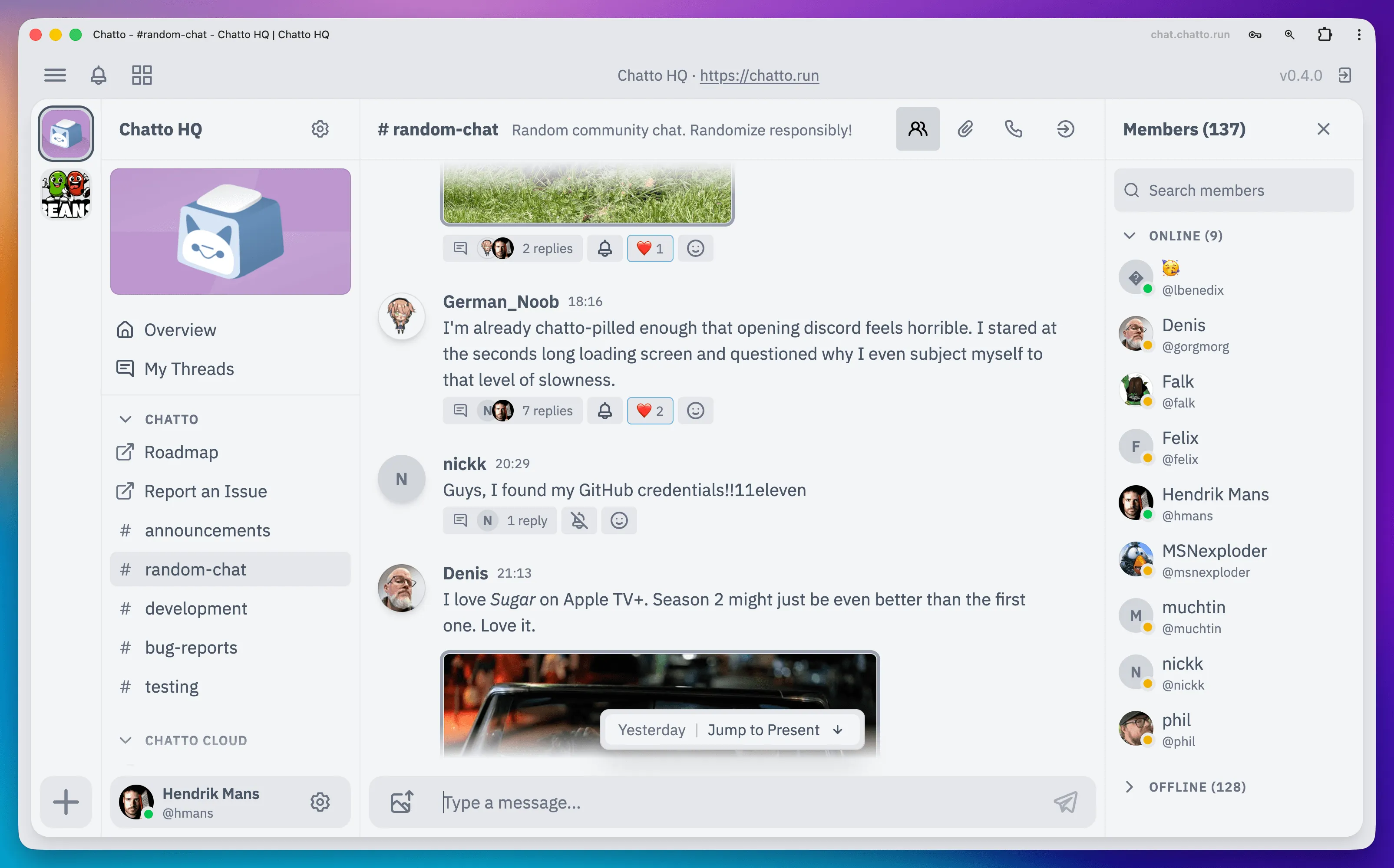 Chatto room view showing messages, reactions, room navigation, and the member list.